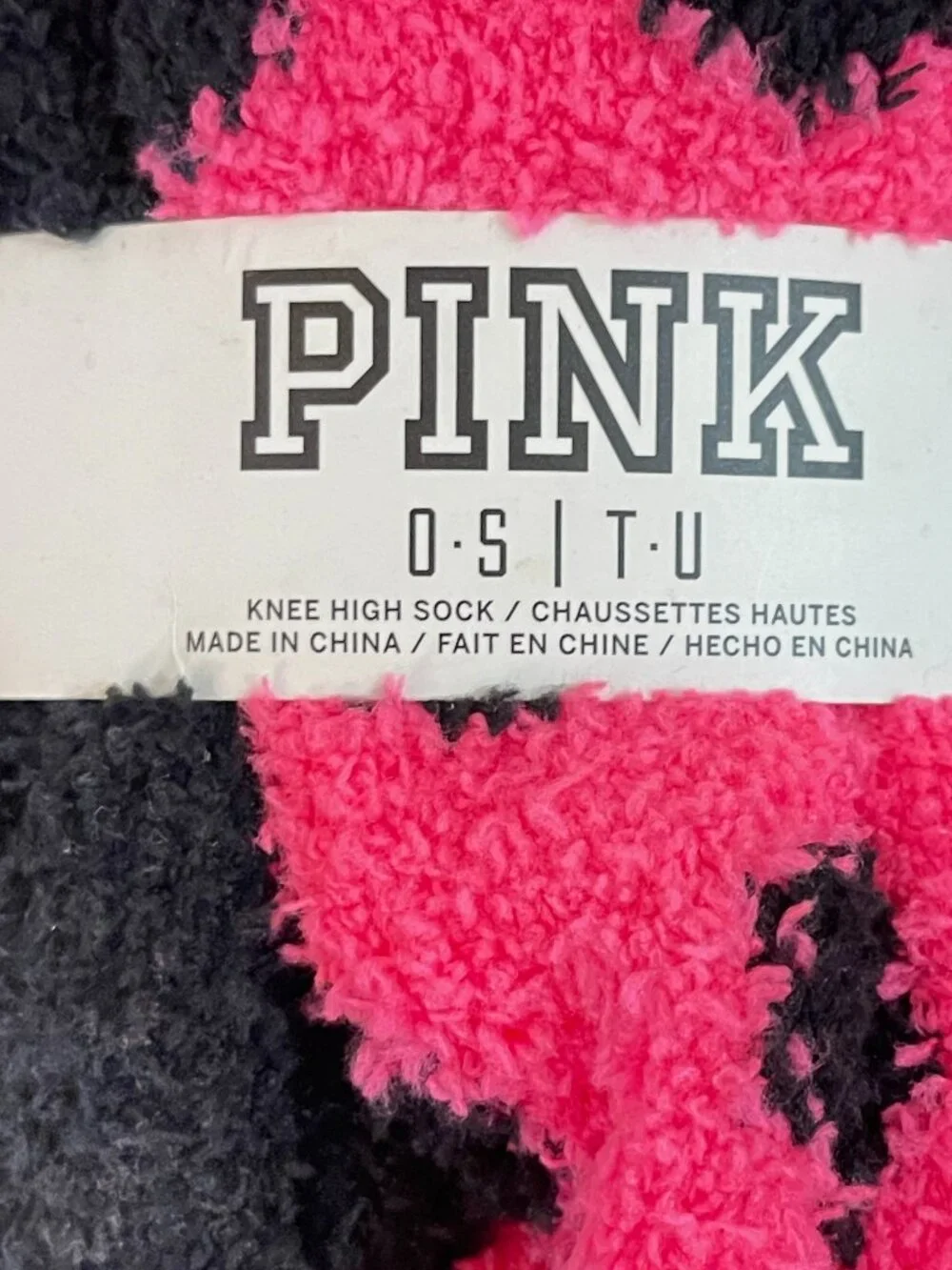 New Victoria's Secret PINK Knee High Socks 2 Pair Fuzzy Plush Pink Black